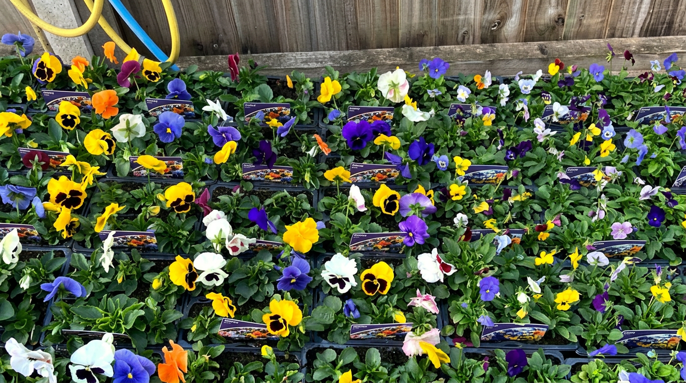 Trays of pansies and violas in full colour on the beds at Belford Garden Centre